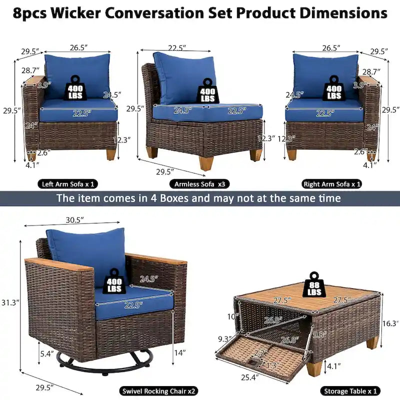 Ensemble de 8 pièces de canapé d'extérieur en osier pour patio avec 2 fauteuils pivotants à bascule et table de rangement en acacia