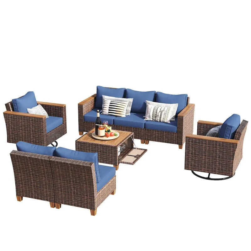 Ensemble de 8 pièces de canapé d'extérieur en osier pour patio avec 2 fauteuils pivotants à bascule et table de rangement en acacia