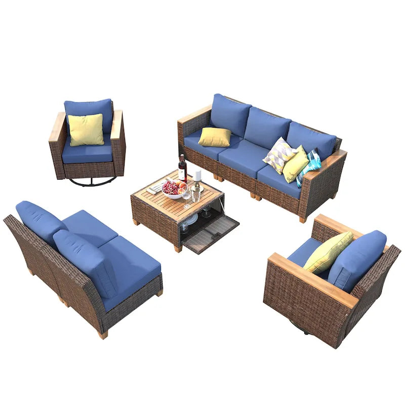 Ensemble de 8 pièces de canapé d'extérieur en osier pour patio avec 2 fauteuils pivotants à bascule et table de rangement en acacia