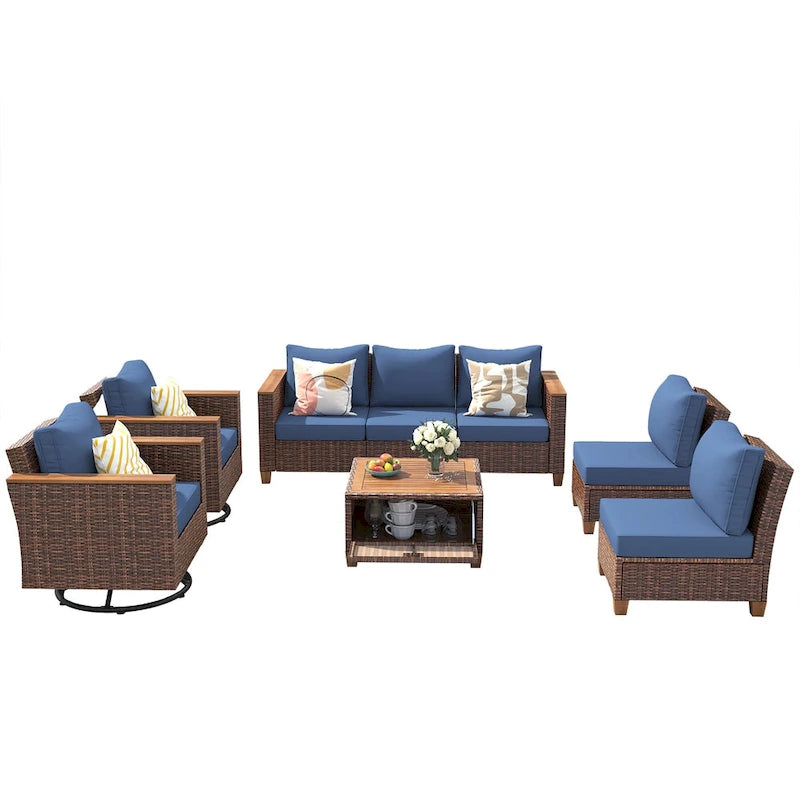Ensemble de 8 pièces de canapé d'extérieur en osier pour patio avec 2 fauteuils pivotants à bascule et table de rangement en acacia
