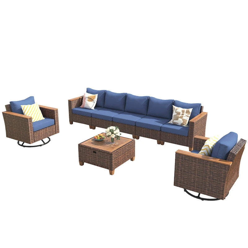Ensemble de 8 pièces de canapé d'extérieur en osier pour patio avec 2 fauteuils pivotants à bascule et table de rangement en acacia