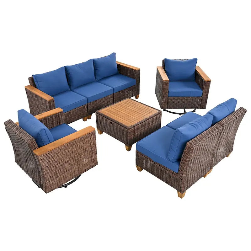 Ensemble de 8 pièces de canapé d'extérieur en osier pour patio avec 2 fauteuils pivotants à bascule et table de rangement en acacia
