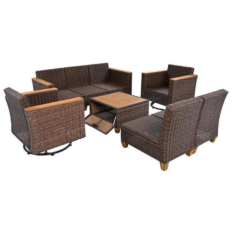 Ensemble de 8 pièces de canapé d'extérieur en osier pour patio avec 2 fauteuils pivotants à bascule et table de rangement en acacia