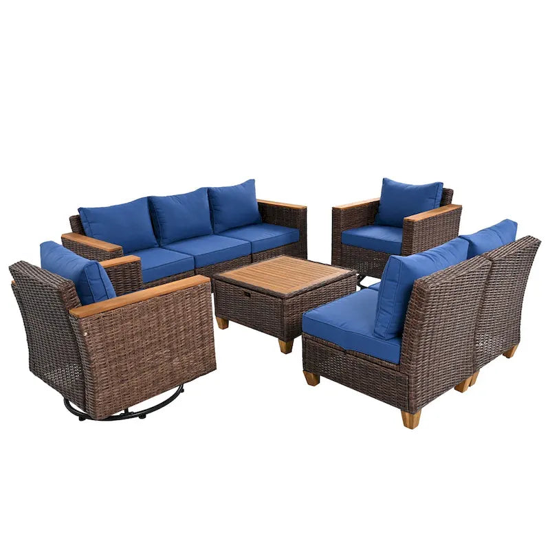 Ensemble de 8 pièces de canapé d'extérieur en osier pour patio avec 2 fauteuils pivotants à bascule et table de rangement en acacia