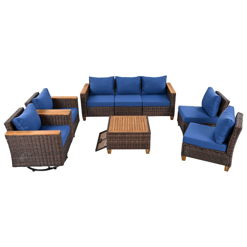 Ensemble de 8 pièces de canapé d'extérieur en osier pour patio avec 2 fauteuils pivotants à bascule et table de rangement en acacia