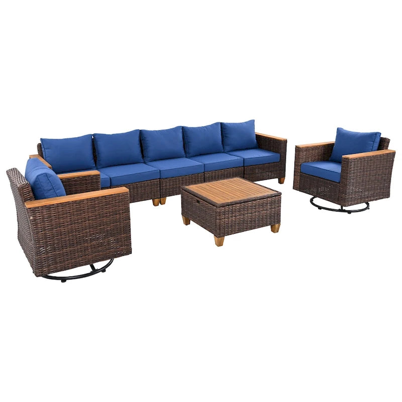 Ensemble de 8 pièces de canapé d'extérieur en osier pour patio avec 2 fauteuils pivotants à bascule et table de rangement en acacia