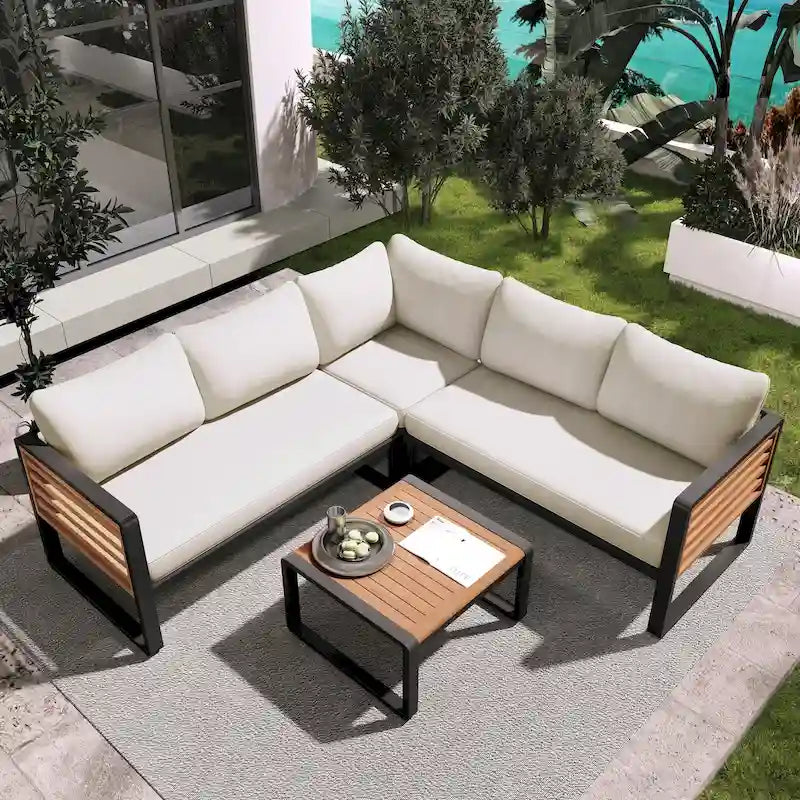 Ensemble de conversation de 4 pièces pour patio extérieur avec coussins moelleux et table basse pour jardin, arrière-cour, porche et terrasse