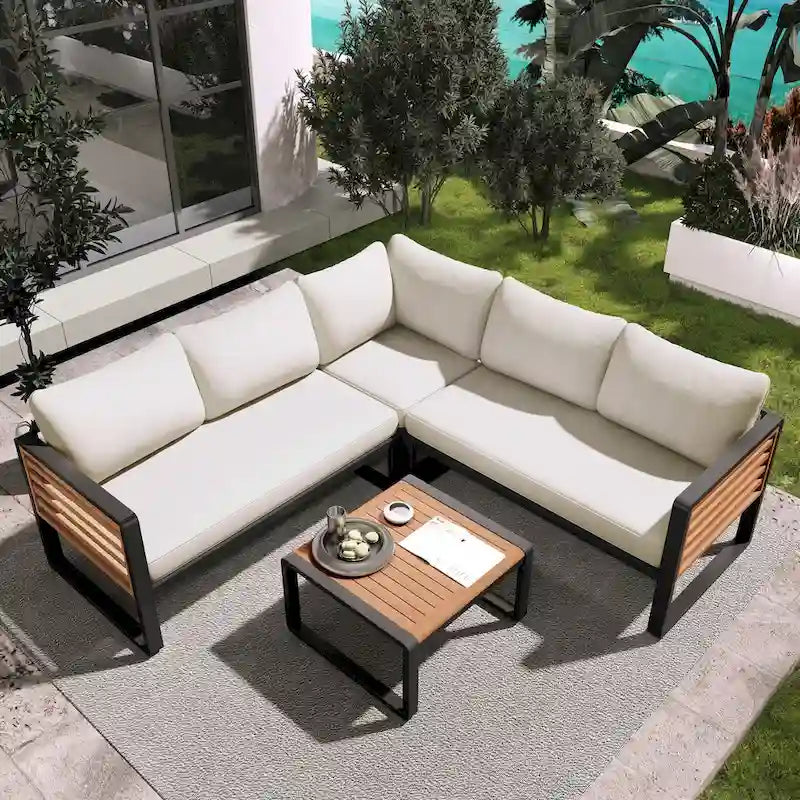 4 Pieces Outdoor Patio Conservation Set with Soft Cushion and Coffee Table for Garden, Backyard, Porch and Deck