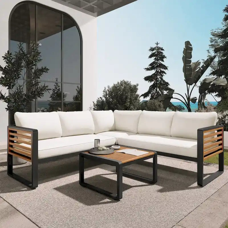 Ensemble de conversation de 4 pièces pour patio extérieur avec coussins moelleux et table basse pour jardin, arrière-cour, porche et terrasse