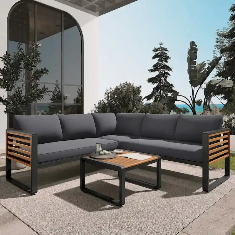 Ensemble de conversation de 4 pièces pour patio extérieur avec coussins moelleux et table basse pour jardin, arrière-cour, porche et terrasse