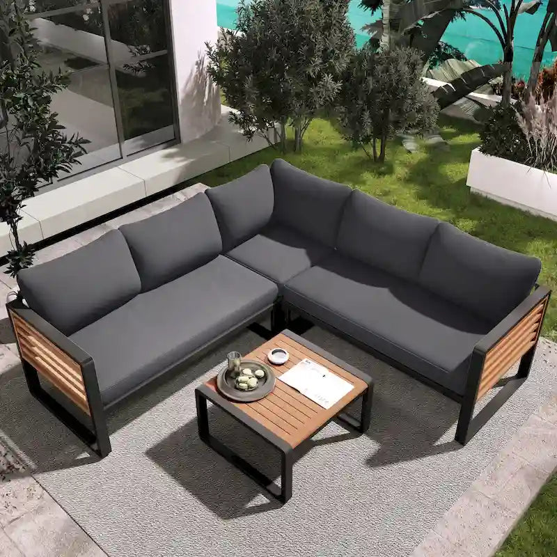 Ensemble de conversation de 4 pièces pour patio extérieur avec coussins moelleux et table basse pour jardin, arrière-cour, porche et terrasse