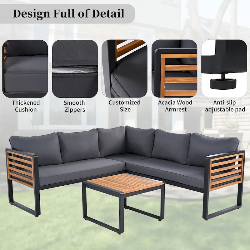 Ensemble de conversation de 4 pièces pour patio extérieur avec coussins moelleux et table basse pour jardin, arrière-cour, porche et terrasse