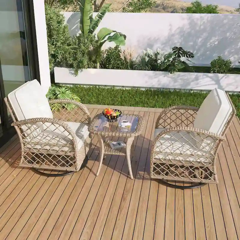Ensemble de 3 fauteuils pivotants et table en rotin