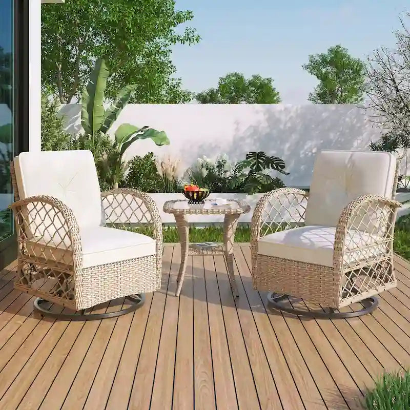 Ensemble de 3 fauteuils pivotants et table en rotin