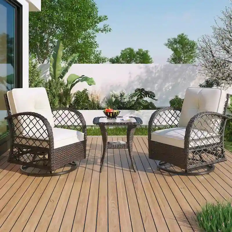 Ensemble de 3 fauteuils pivotants et table en rotin