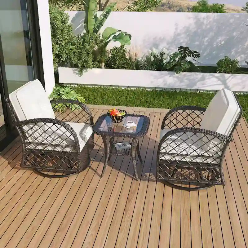 Ensemble de 3 fauteuils pivotants et table en rotin