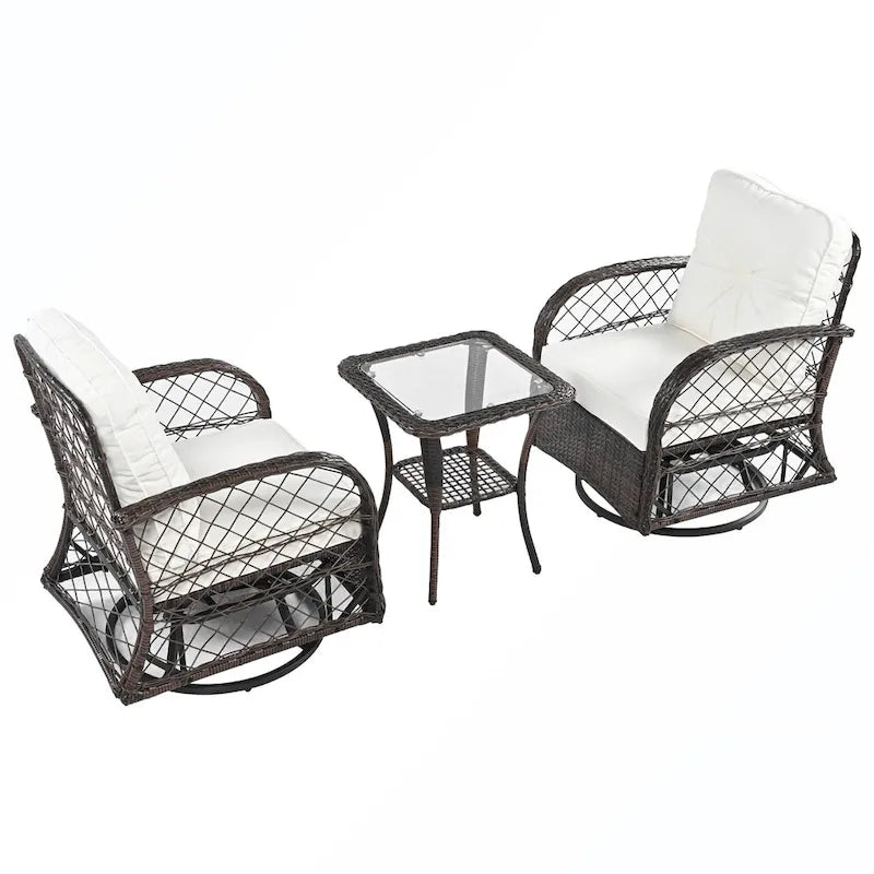 Ensemble de 3 fauteuils pivotants et table en rotin