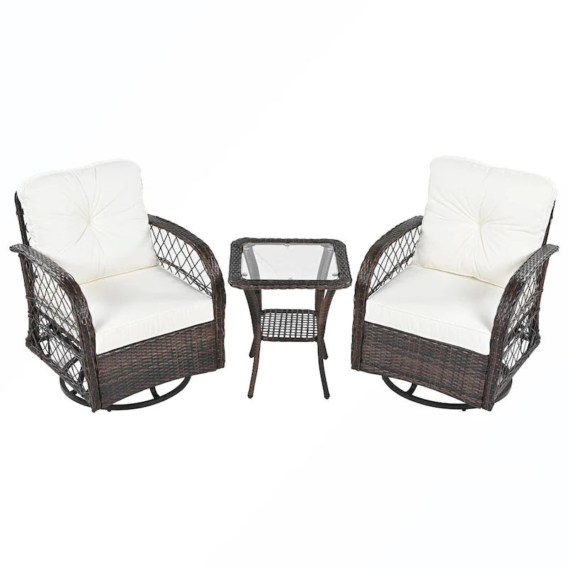 Ensemble de 3 fauteuils pivotants et table en rotin