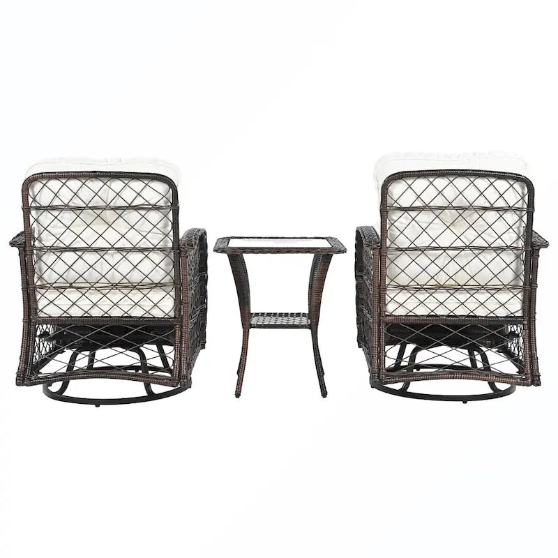 Ensemble de 3 fauteuils pivotants et table en rotin