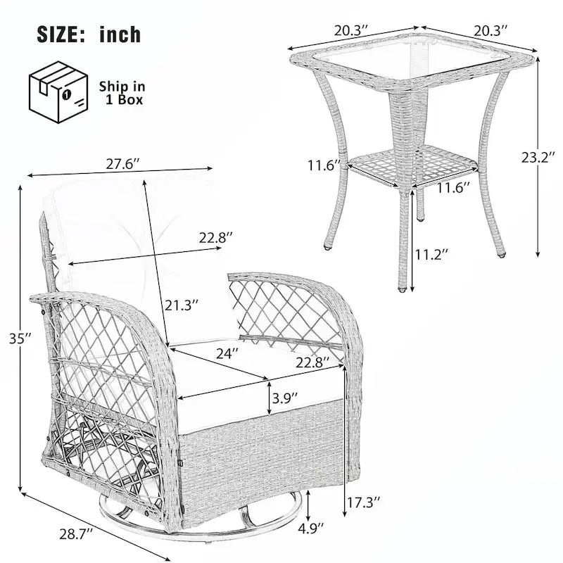 Ensemble de 3 fauteuils pivotants et table en rotin