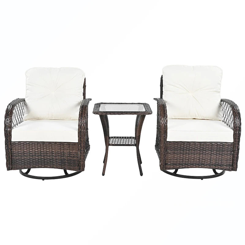 Ensemble de 3 fauteuils pivotants et table en rotin