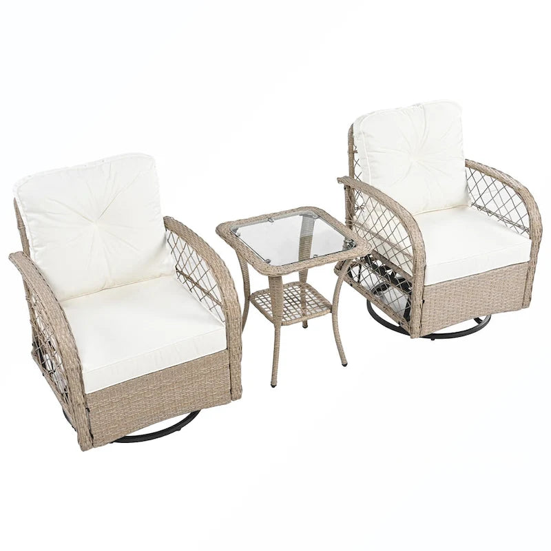 Ensemble de 3 fauteuils pivotants et table en rotin