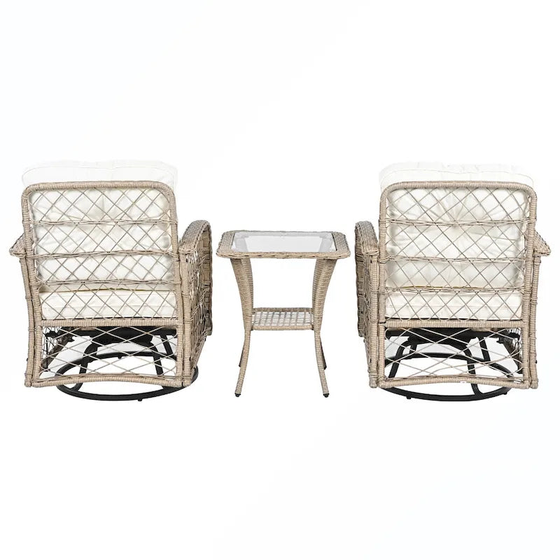 Ensemble de 3 fauteuils pivotants et table en rotin