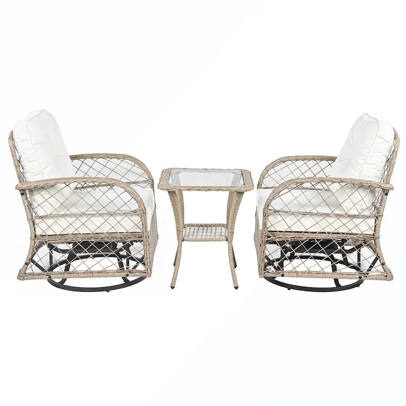 Ensemble de 3 fauteuils pivotants et table en rotin