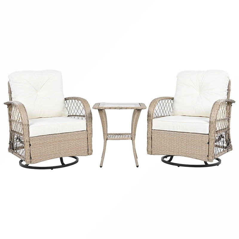 Ensemble de 3 fauteuils pivotants et table en rotin
