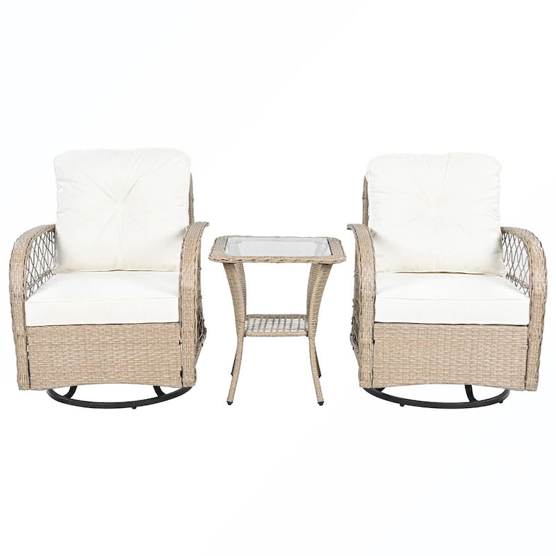 Ensemble de 3 fauteuils pivotants et table en rotin