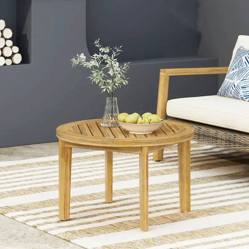 Table basse de terrasse ronde Roomfitters, dessus à lattes en bois d'acacia massif avec pieds fuselés, bois naturel