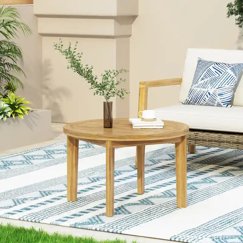 Table basse de terrasse ronde Roomfitters, dessus à lattes en bois d'acacia massif avec pieds fuselés, bois naturel