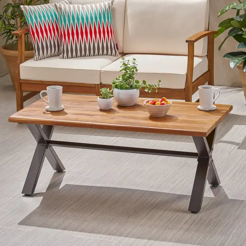 Roomfitters Outdoor Coffee Table, Rectangular Acacia Wood Top with X-Shaped Metal Legs, Natural+Black