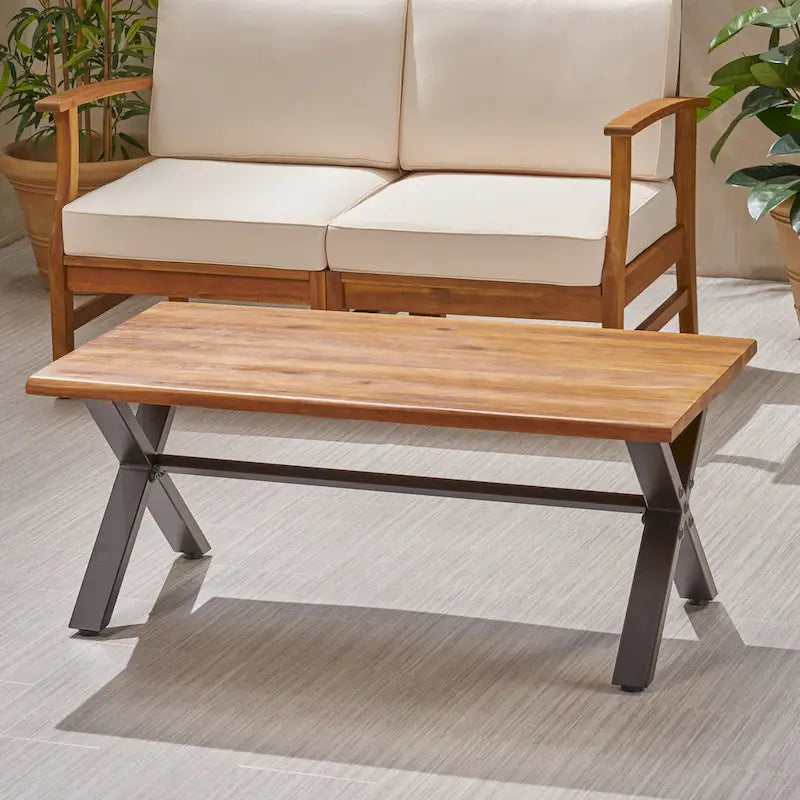 Table basse d'extérieur Roomfitters, plateau rectangulaire en bois d'acacia avec pieds en métal en forme de X, naturel et noir