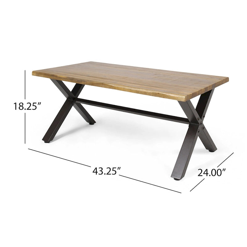 Table basse d'extérieur Roomfitters, plateau rectangulaire en bois d'acacia avec pieds en métal en forme de X, naturel et noir