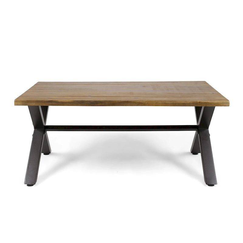 Table basse d'extérieur Roomfitters, plateau rectangulaire en bois d'acacia avec pieds en métal en forme de X, naturel et noir