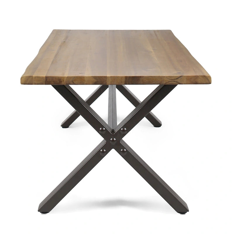 Table basse d'extérieur Roomfitters, plateau rectangulaire en bois d'acacia avec pieds en métal en forme de X, naturel et noir