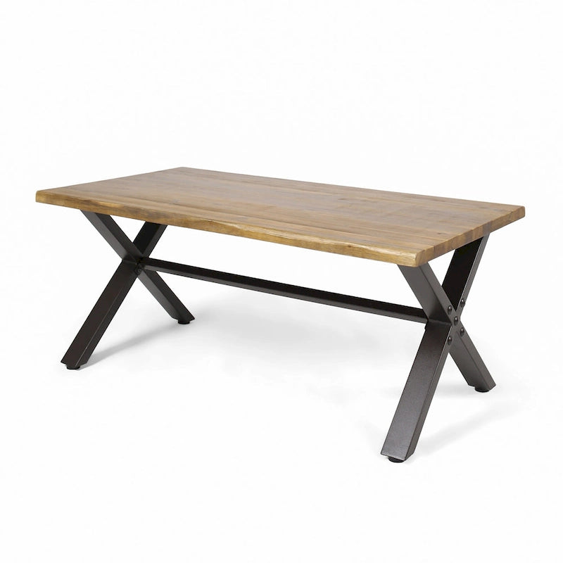 Table basse d'extérieur Roomfitters, plateau rectangulaire en bois d'acacia avec pieds en métal en forme de X, naturel et noir