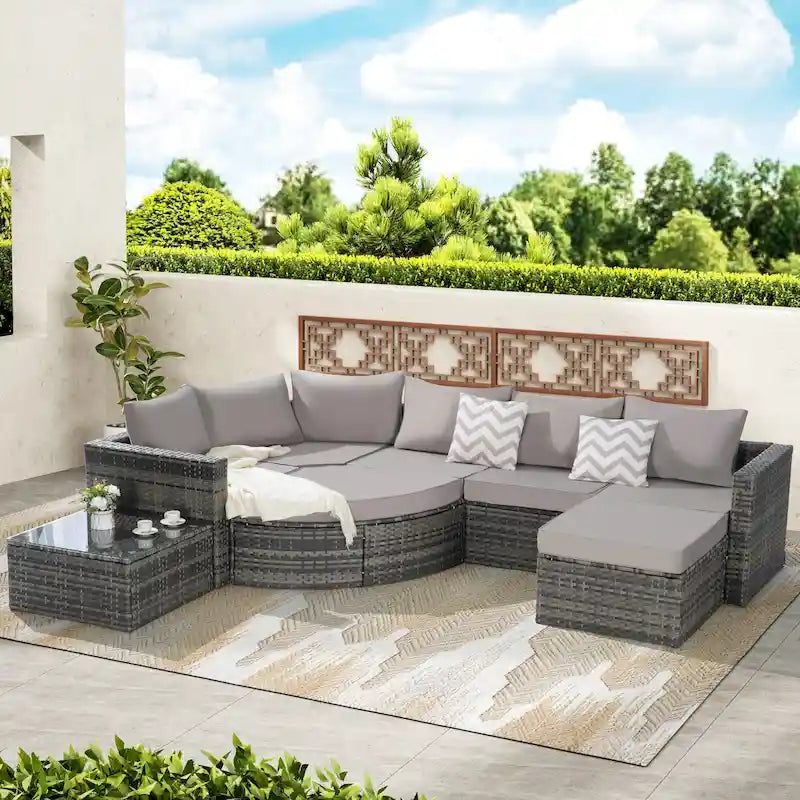 Canapé d'angle modulable 8 pièces avec table en verre