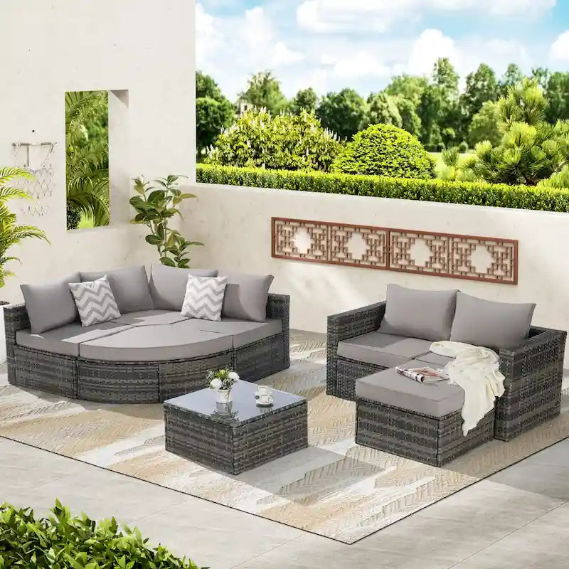 Canapé d'angle modulable 8 pièces avec table en verre
