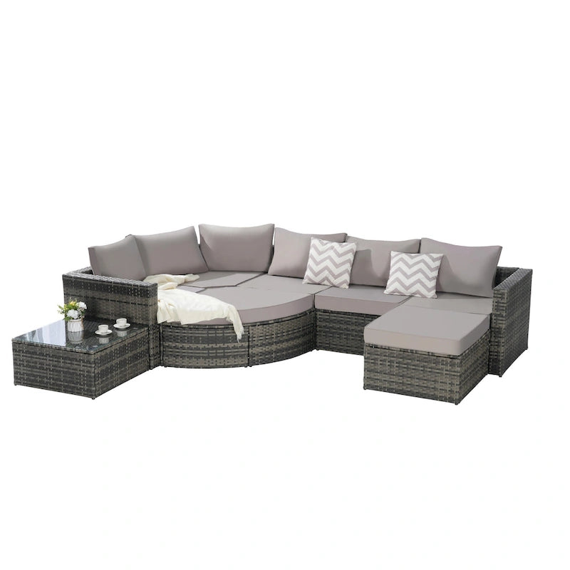 Canapé d'angle modulable 8 pièces avec table en verre
