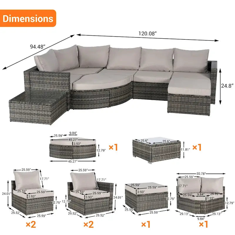 Canapé d'angle modulable 8 pièces avec table en verre