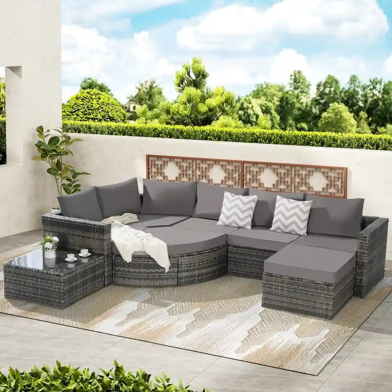 Canapé d'angle modulable 8 pièces avec table en verre