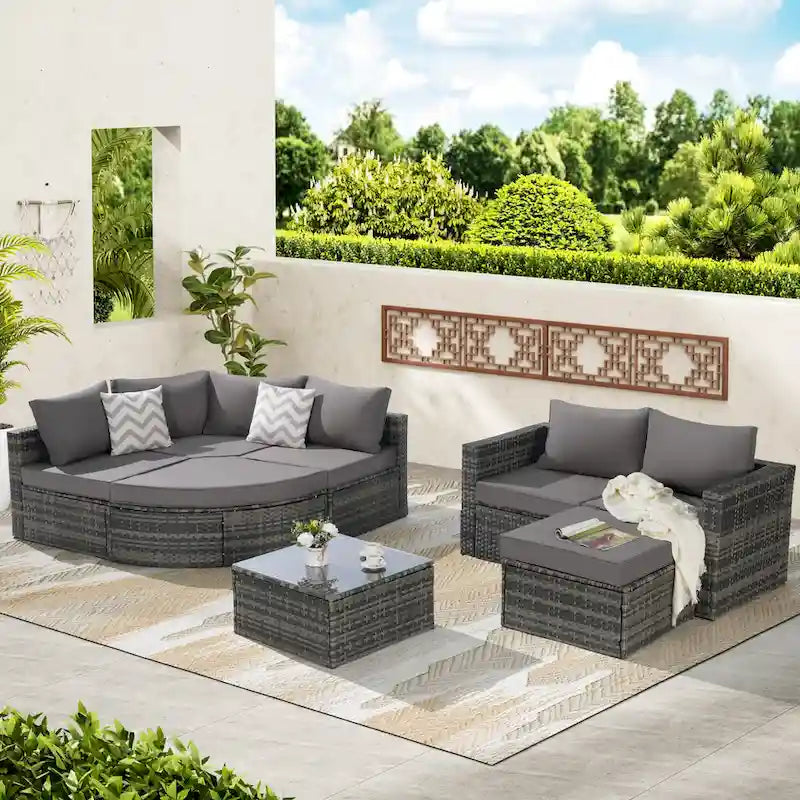 Canapé d'angle modulable 8 pièces avec table en verre