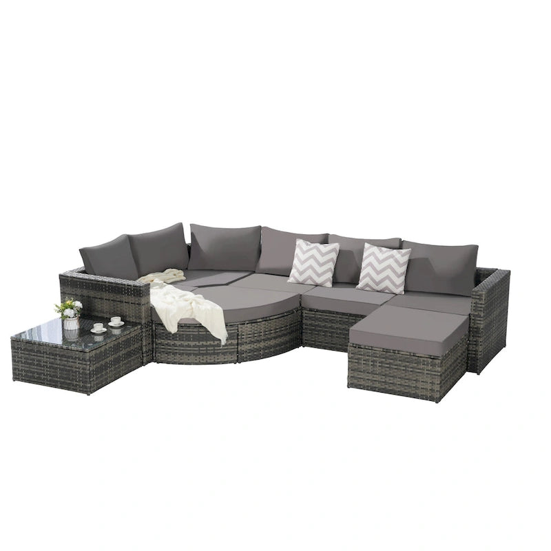 Canapé d'angle modulable 8 pièces avec table en verre