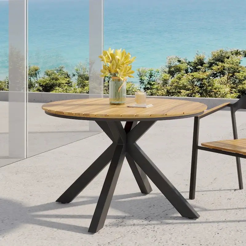 Table de salle à manger d'extérieur, plateau en teck et acacia, pieds en métal noir