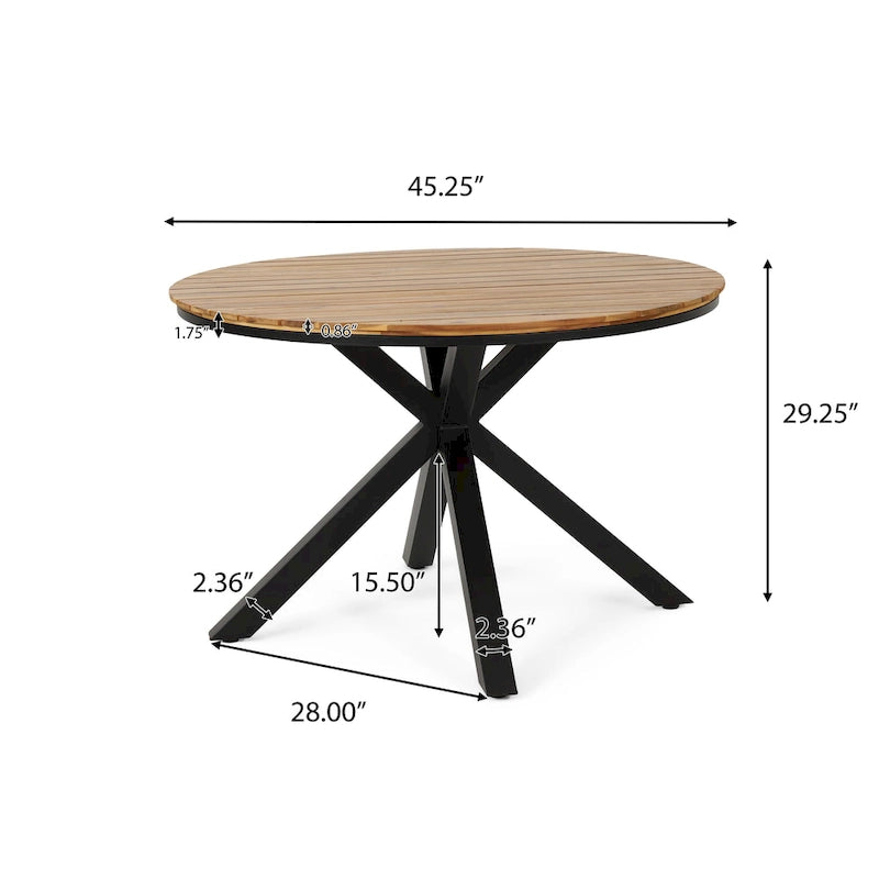 Table de salle à manger d'extérieur, plateau en teck et acacia, pieds en métal noir