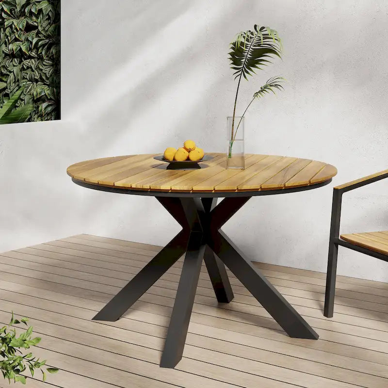 Table de salle à manger d'extérieur, plateau en teck et acacia, pieds en métal noir