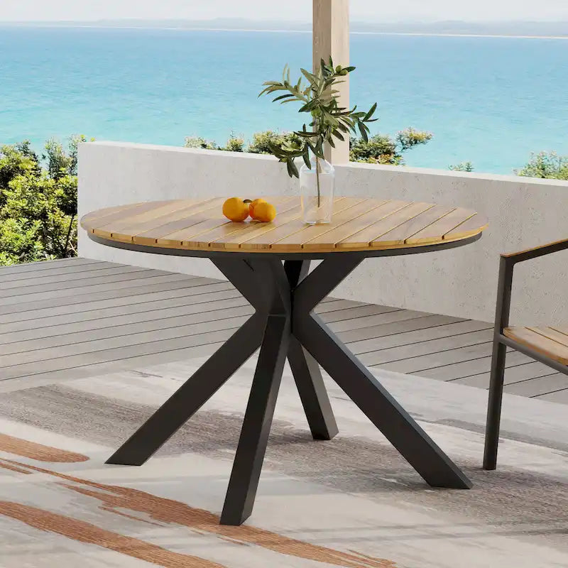 Table de salle à manger d'extérieur, plateau en teck et acacia, pieds en métal noir