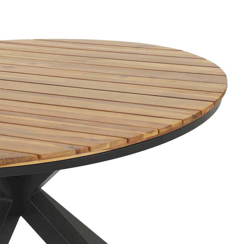 Table de salle à manger d'extérieur, plateau en teck et acacia, pieds en métal noir